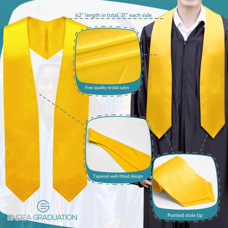 Endea Graduation شال تخرج إنديا جولد - لون سادة، للجنسين، 62" شريط تخرج (ذهبي) - Image 3